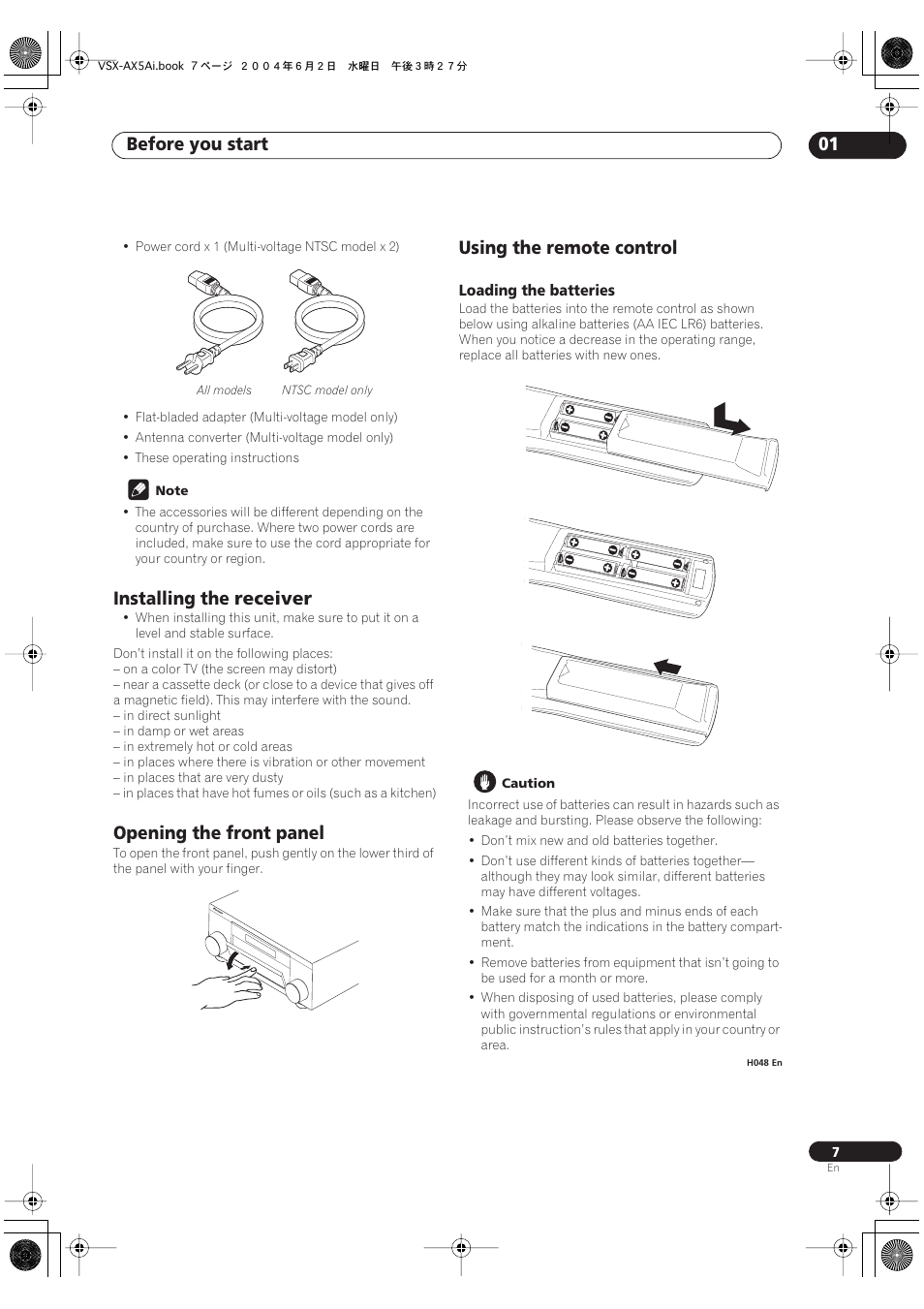 Installing the receiver, Opening the front panel, Using the remote control | Loading the batteries, Before you start 01 | Pioneer VSX-AX5Ai-G User Manual | Page 7 / 108