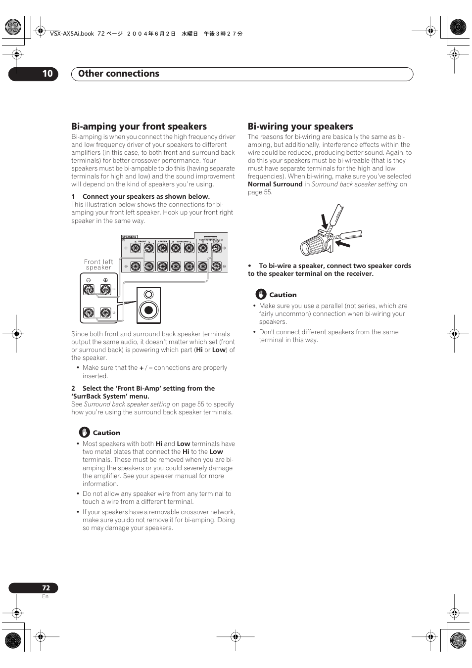 Bi-amping your front speakers, Bi-wiring your speakers, Other connections 10 | Pioneer VSX-AX5Ai-G User Manual | Page 72 / 108