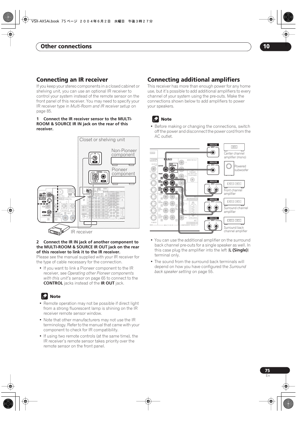 Connecting an ir receiver, Connecting additional amplifiers, Other connections 10 | Pioneer VSX-AX5Ai-G User Manual | Page 75 / 108