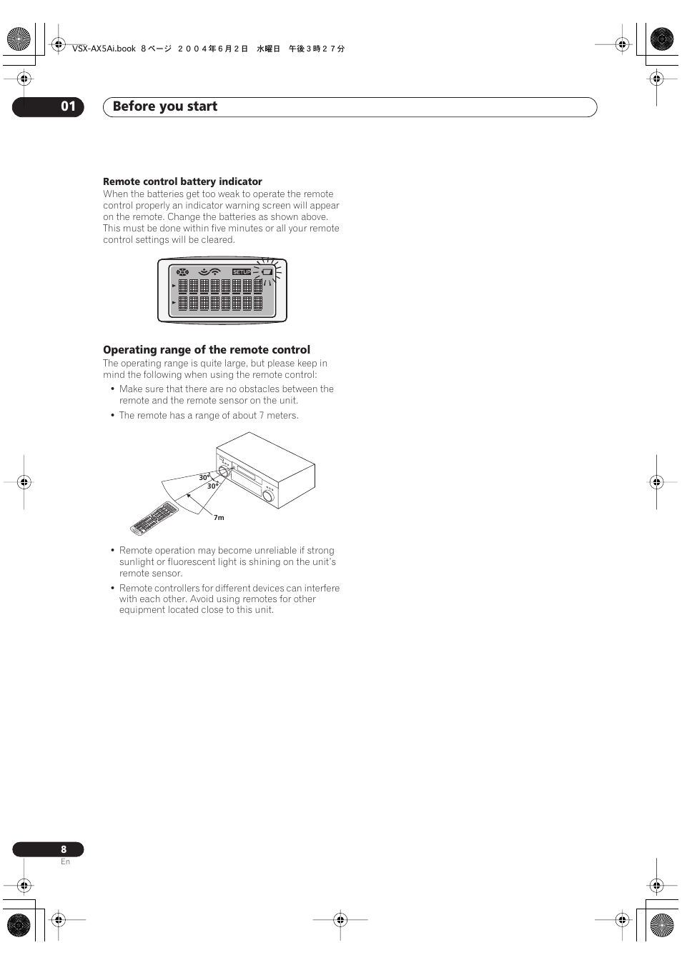 Operating range of the remote control, Before you start 01 | Pioneer VSX-AX5Ai-G User Manual | Page 8 / 108