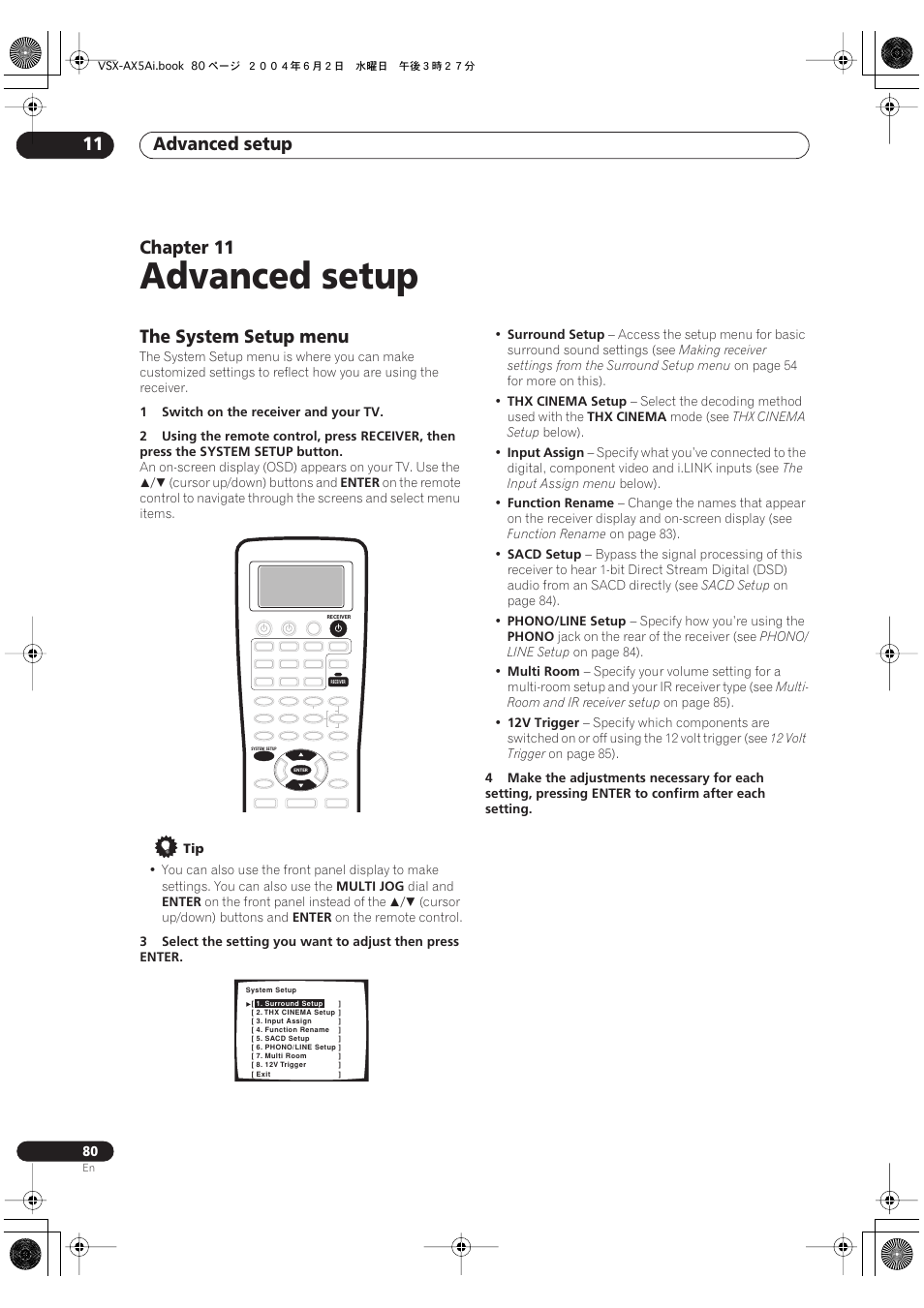 11 advanced setup, The system setup menu, Advanced setup | Advanced setup 11, Chapter 11 | Pioneer VSX-AX5Ai-G User Manual | Page 80 / 108