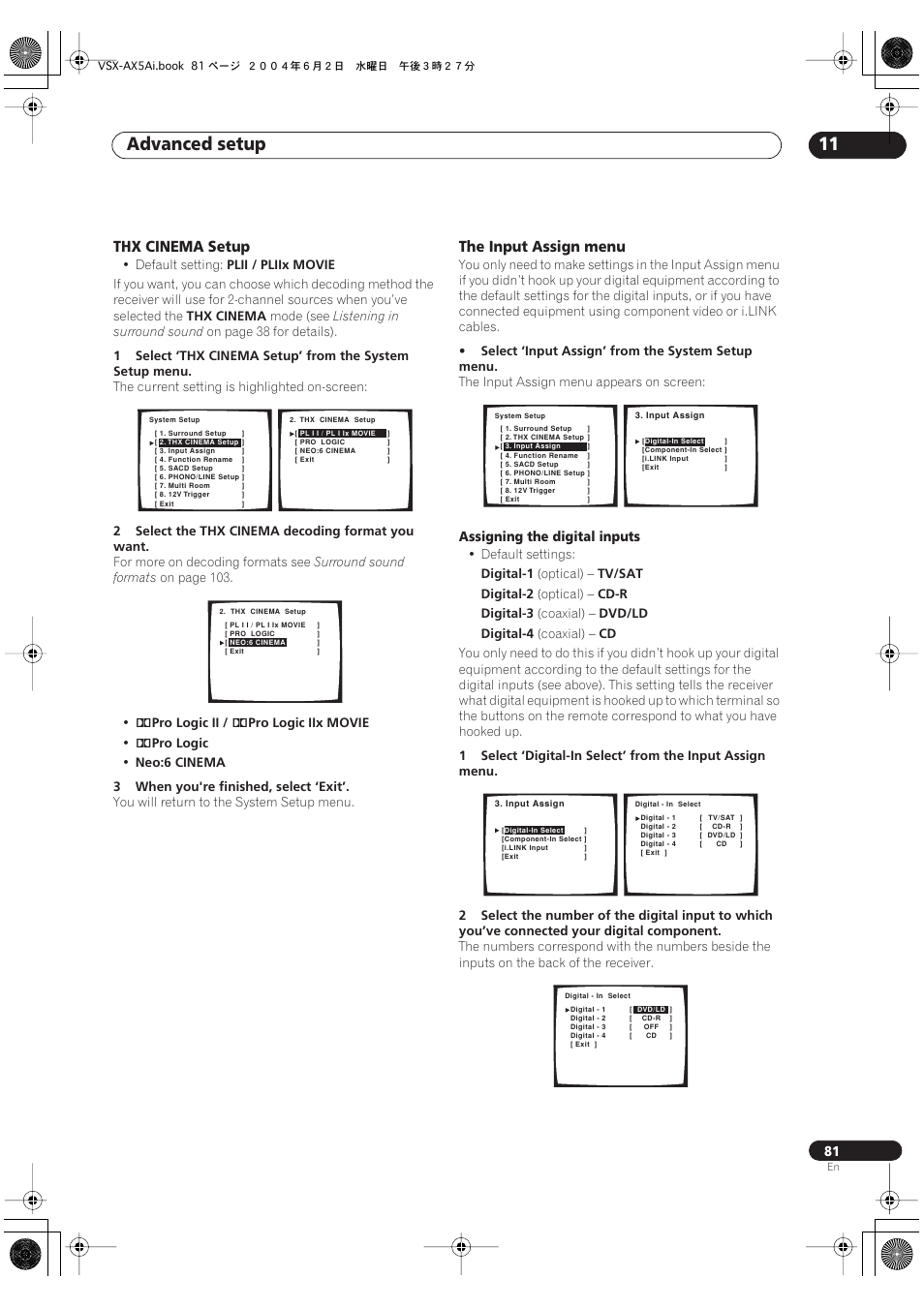 Thx cinema setup, The input assign menu, Advanced setup 11 | Assigning the digital inputs | Pioneer VSX-AX5Ai-G User Manual | Page 81 / 108