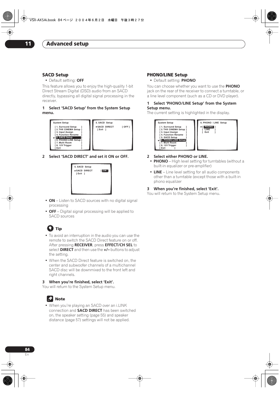 Sacd setup, Phono/line setup, Advanced setup 11 | Pioneer VSX-AX5Ai-G User Manual | Page 84 / 108