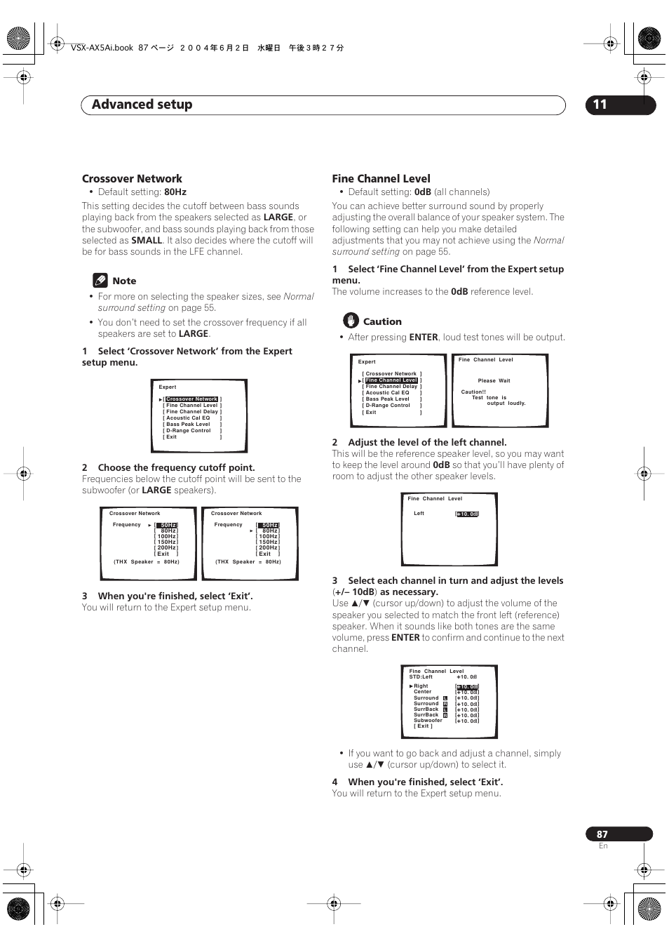 Crossover network, Fine channel level, Advanced setup 11 | Pioneer VSX-AX5Ai-G User Manual | Page 87 / 108