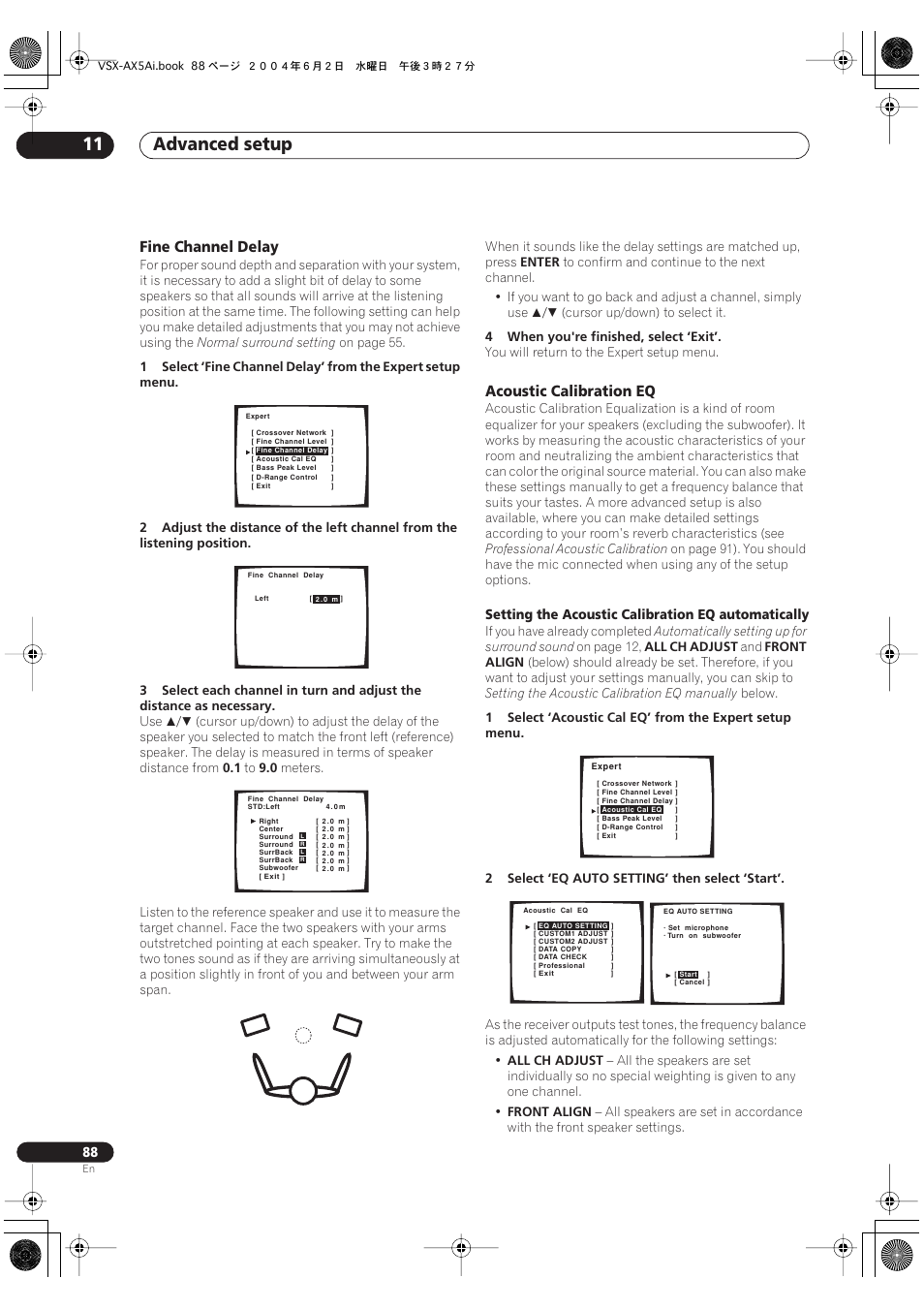 Fine channel delay, Acoustic calibration eq, Advanced setup 11 | Setting the acoustic calibration eq automatically | Pioneer VSX-AX5Ai-G User Manual | Page 88 / 108