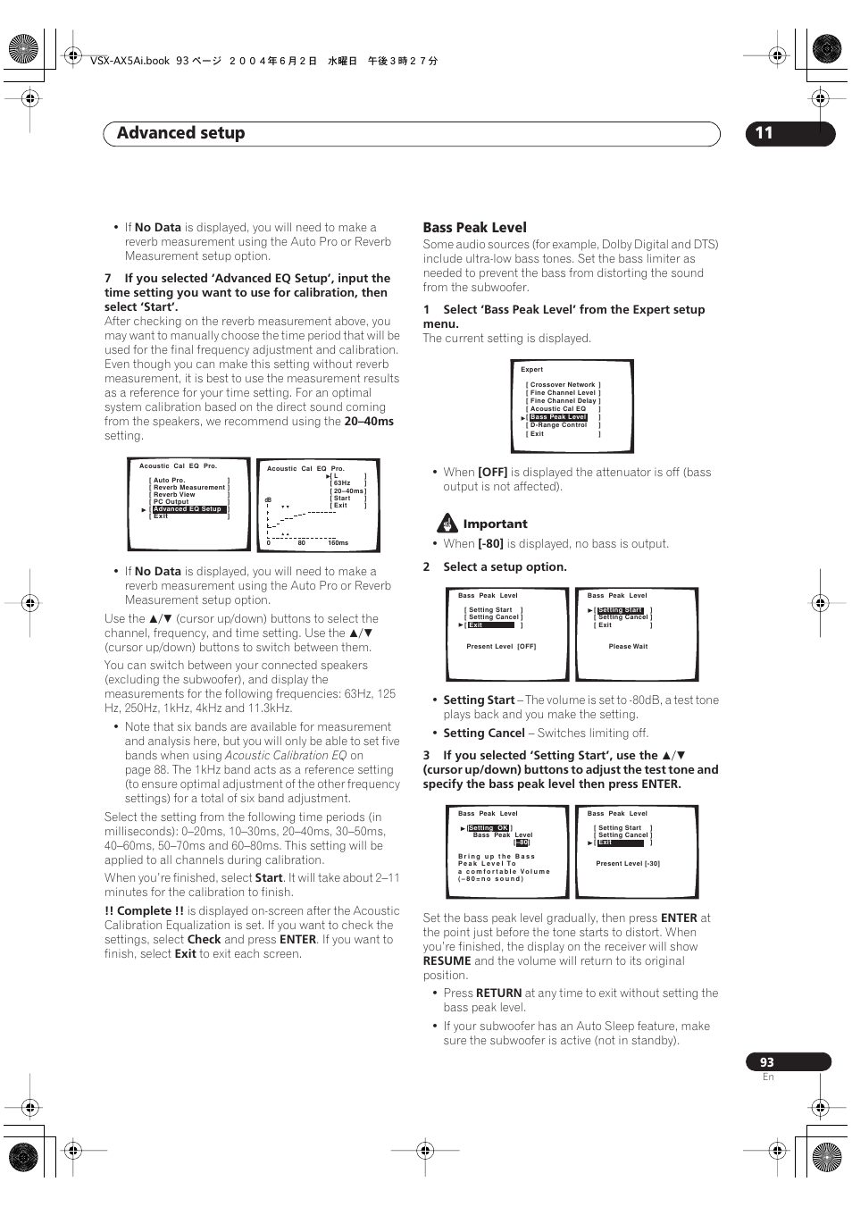 Bass peak level, Advanced setup 11 | Pioneer VSX-AX5Ai-G User Manual | Page 93 / 108