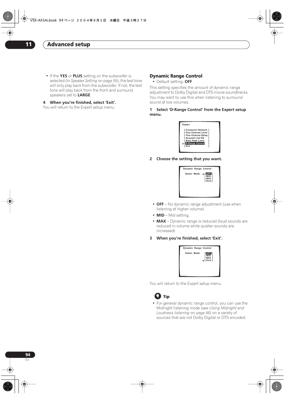 Dynamic range control, Advanced setup 11 | Pioneer VSX-AX5Ai-G User Manual | Page 94 / 108