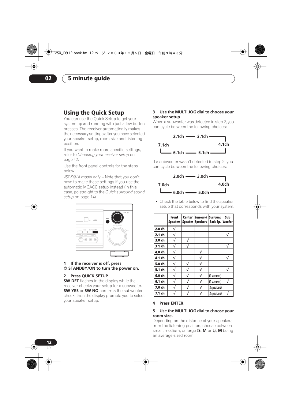Using the quick setup, 5 minute guide 02 | Pioneer VSX-D914 User Manual | Page 12 / 71