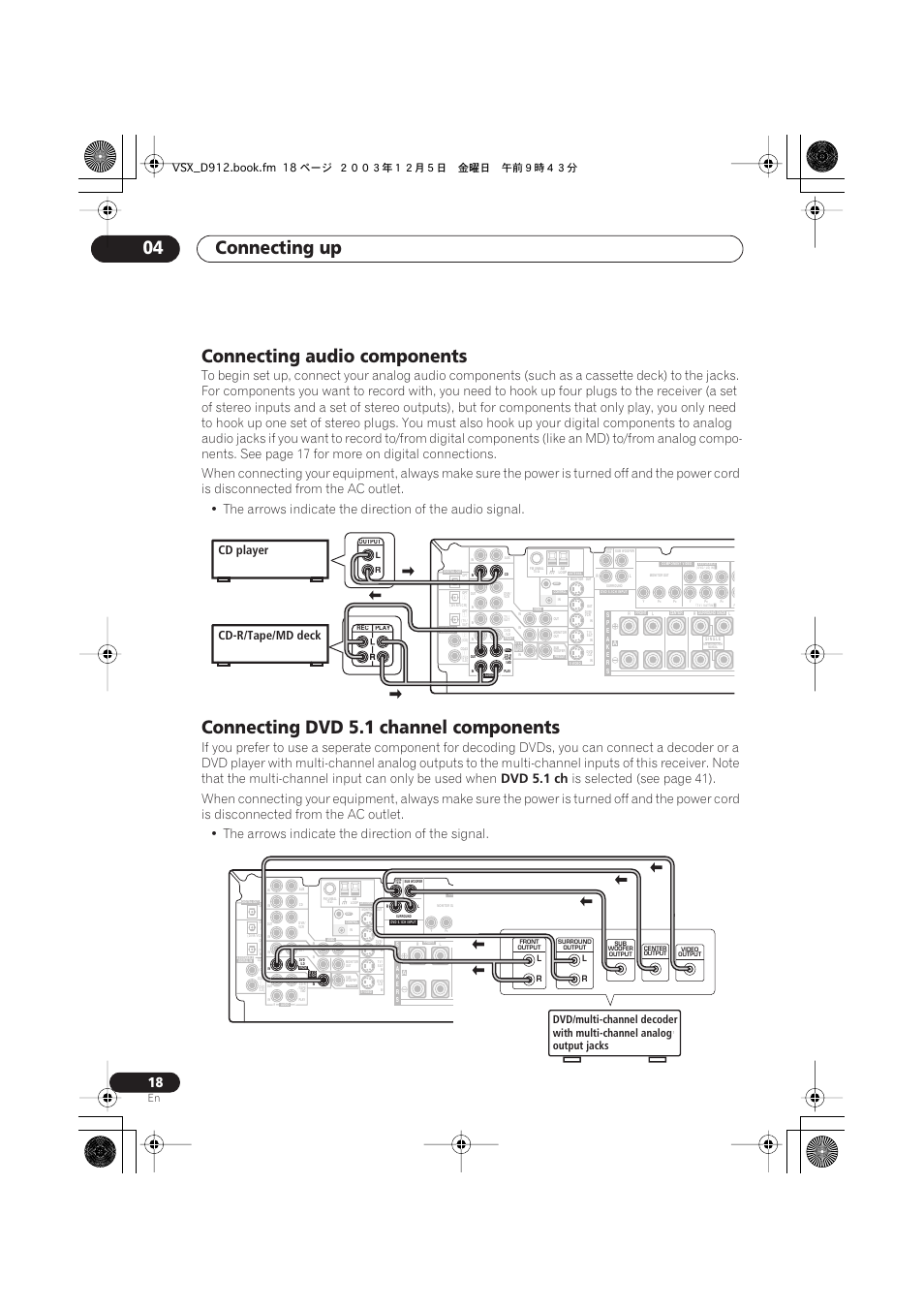 Connecting up 04, Connecting audio components, Connecting dvd 5.1 channel components | Dvd 5.1 ch, Cd player cd-r/tape/md deck | Pioneer VSX-D914 User Manual | Page 18 / 71