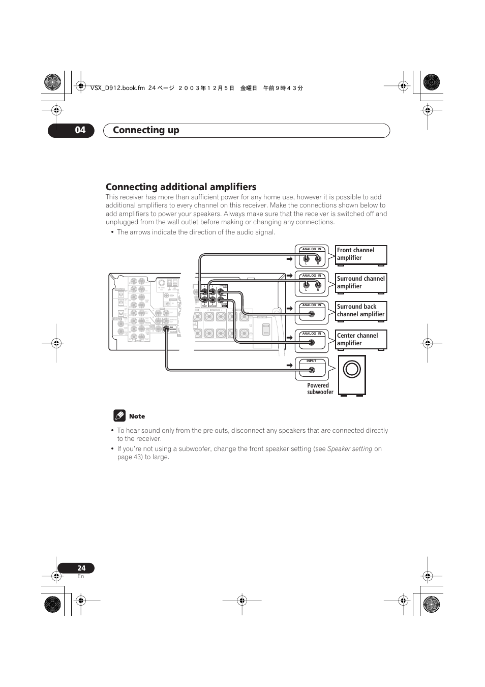 Connecting additional amplifiers, Connecting up 04, Speaker setting | On page 43) to large | Pioneer VSX-D914 User Manual | Page 24 / 71