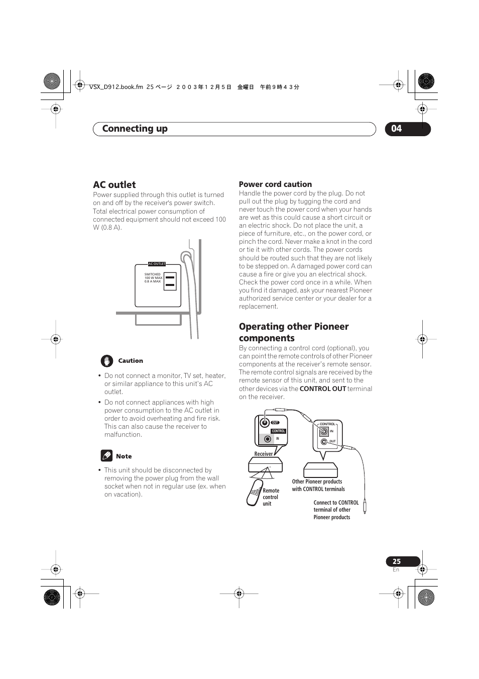 Ac outlet, Operating other pioneer components, Connecting up 04 | Power cord caution | Pioneer VSX-D914 User Manual | Page 25 / 71