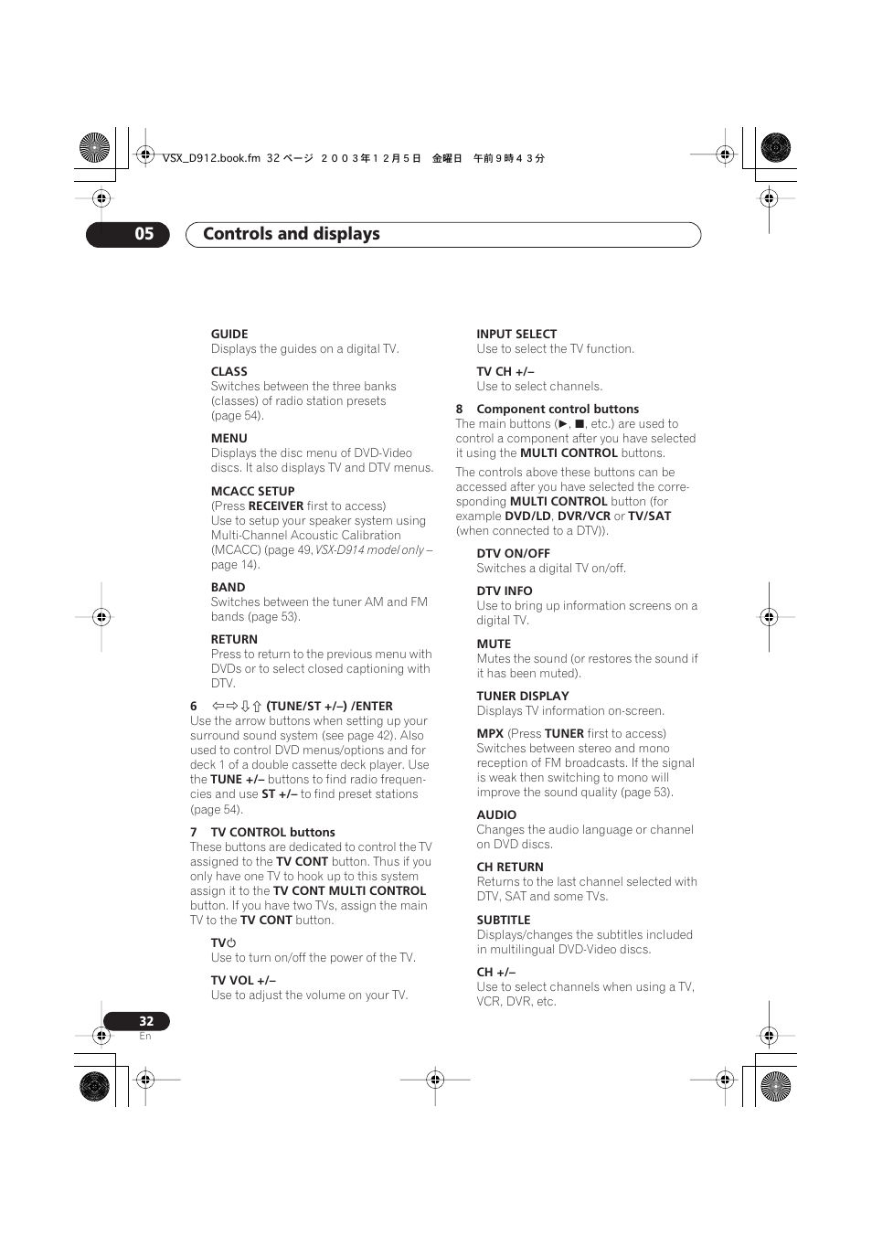 Controls and displays 05 | Pioneer VSX-D914 User Manual | Page 32 / 71