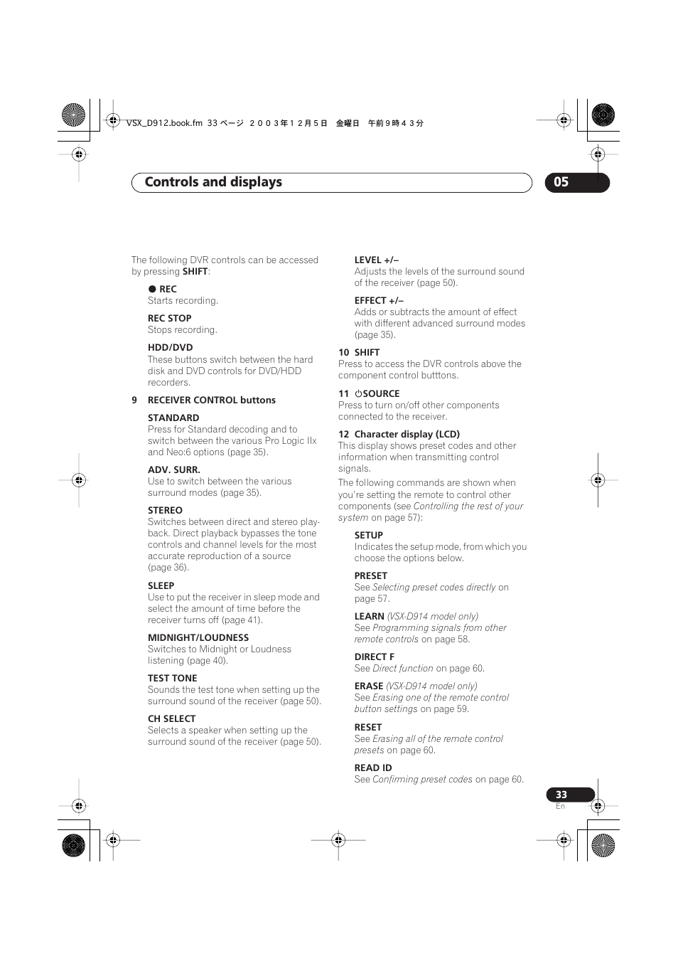 Controls and displays 05 | Pioneer VSX-D914 User Manual | Page 33 / 71