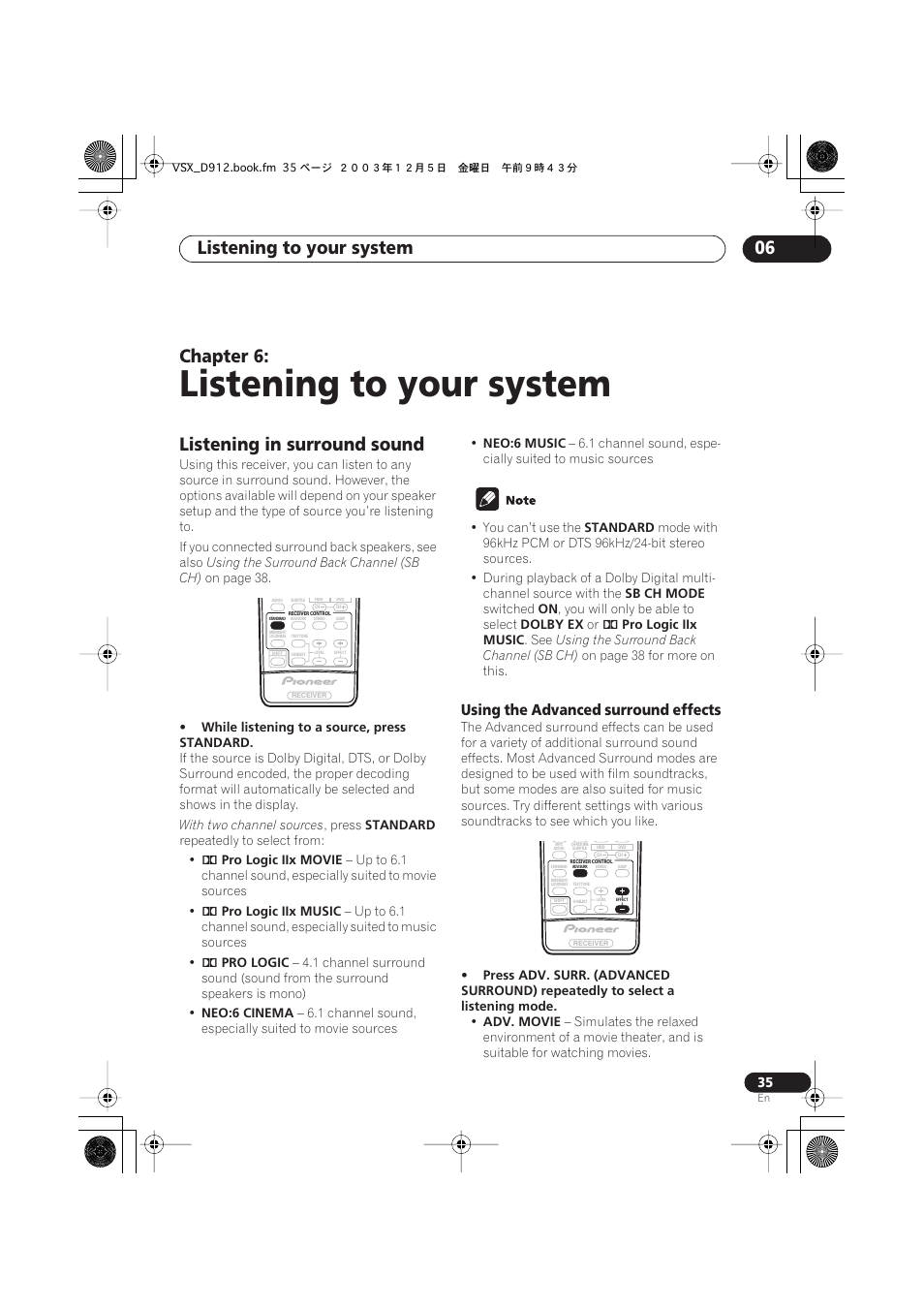 06 listening to your system, Listening in surround sound, Using the advanced surround effects | Listening to your system, Listening to your system 06, Chapter 6 | Pioneer VSX-D914 User Manual | Page 35 / 71