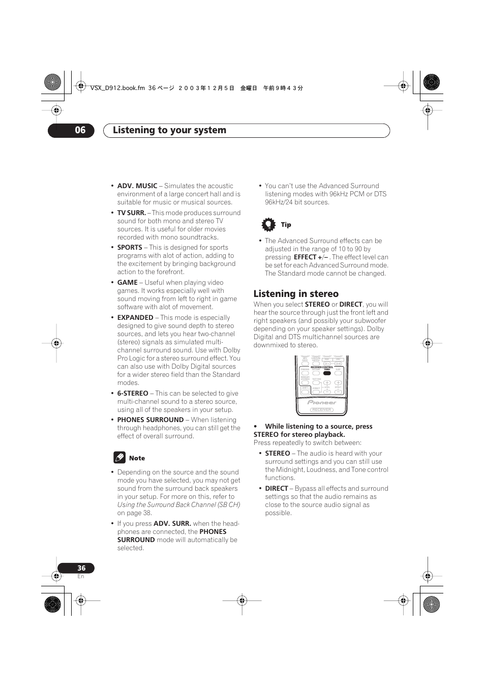 Listening in stereo, Listening to your system 06 | Pioneer VSX-D914 User Manual | Page 36 / 71