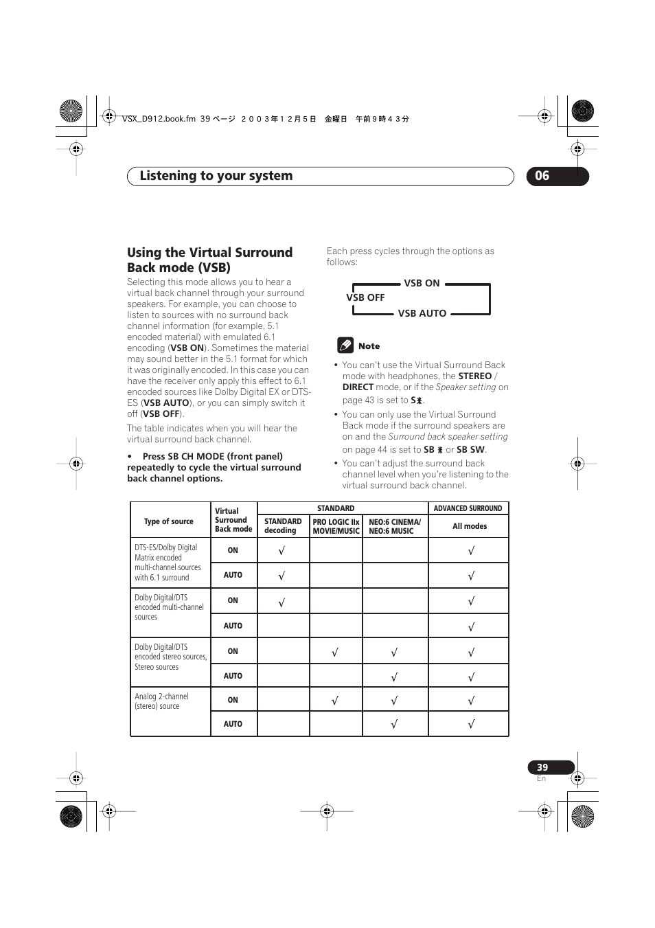 Using the virtual surround back mode (vsb), Listening to your system 06 | Pioneer VSX-D914 User Manual | Page 39 / 71