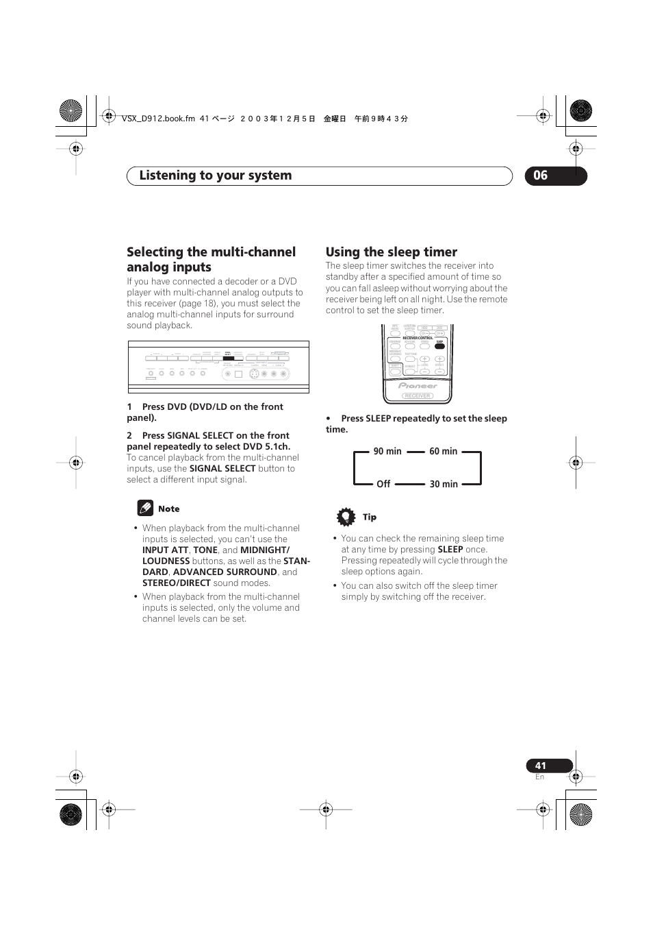 Listening to your system 06, Selecting the multi-channel analog inputs, Using the sleep timer | Pioneer VSX-D914 User Manual | Page 41 / 71