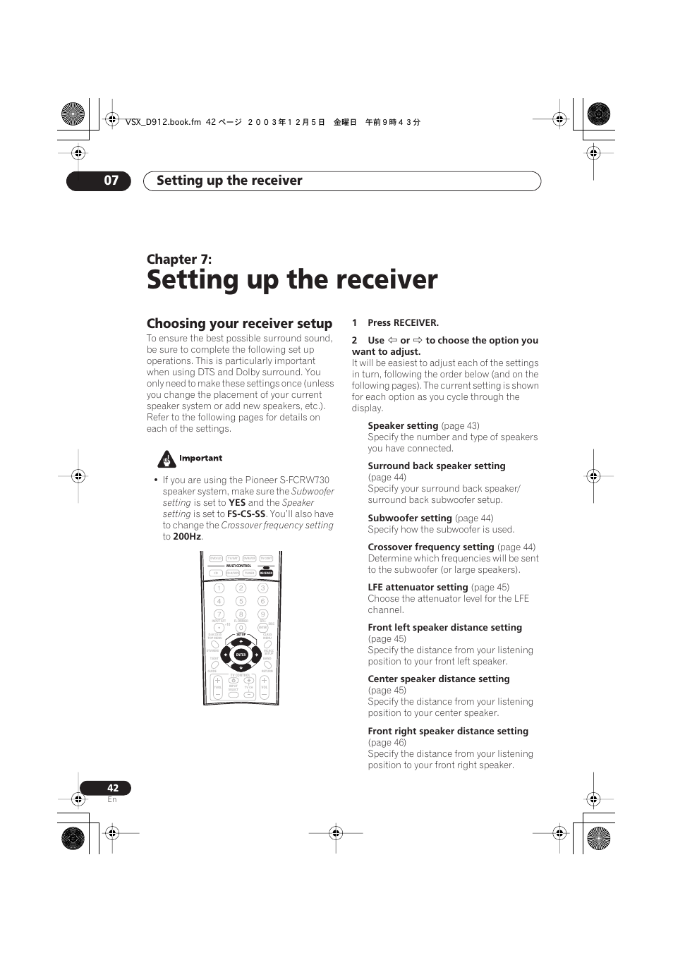 07 setting up the receiver, Choosing your receiver setup, Setting up the receiver | Setting up the receiver 07, Chapter 7 | Pioneer VSX-D914 User Manual | Page 42 / 71