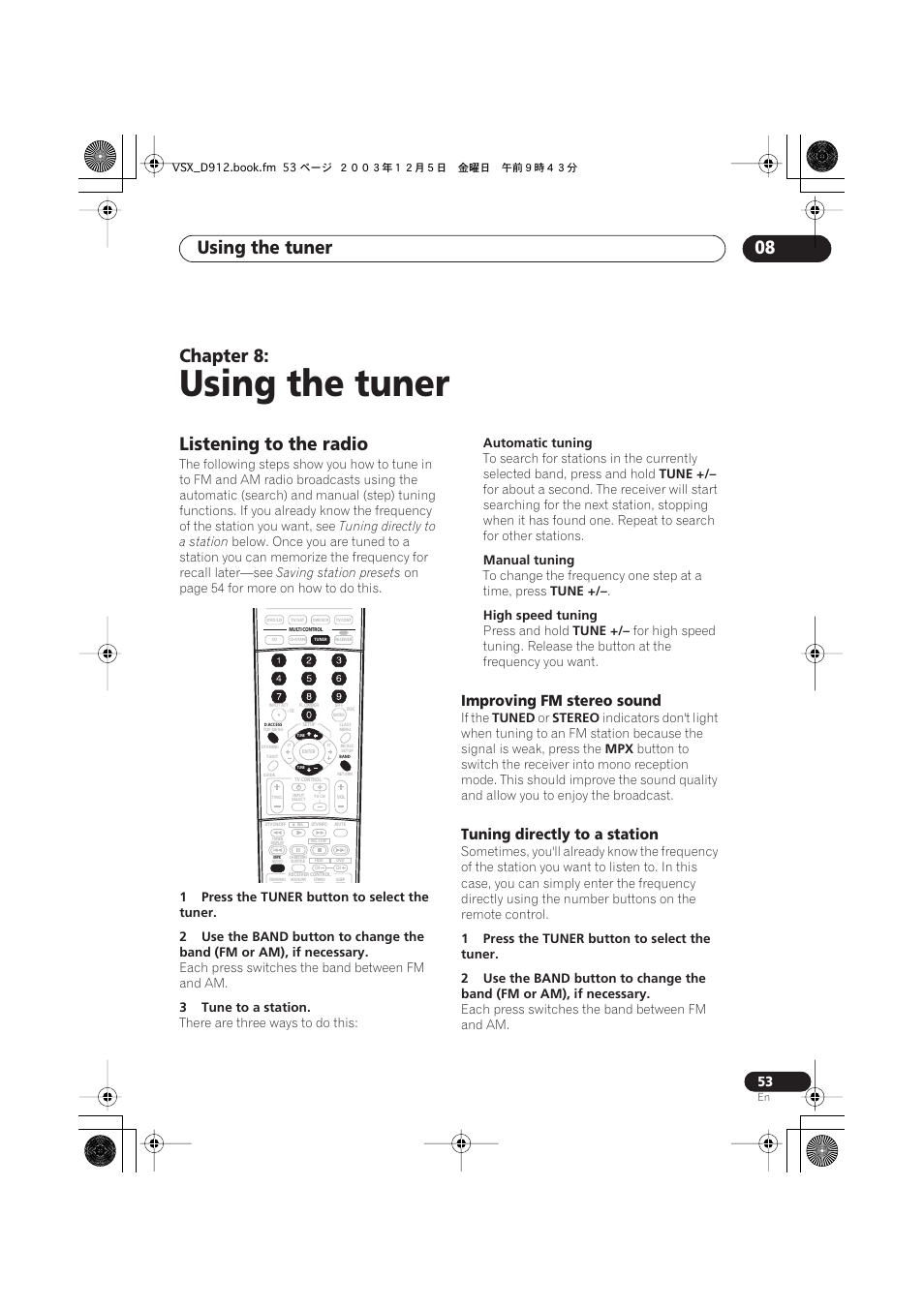 08 using the tuner, Listening to the radio, Using the tuner | Using the tuner 08, Chapter 8, Improving fm stereo sound, Tuning directly to a station | Pioneer VSX-D914 User Manual | Page 53 / 71