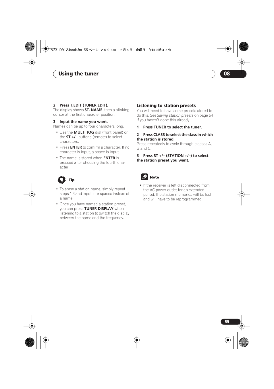 Listening to station presets, Using the tuner 08 | Pioneer VSX-D914 User Manual | Page 55 / 71