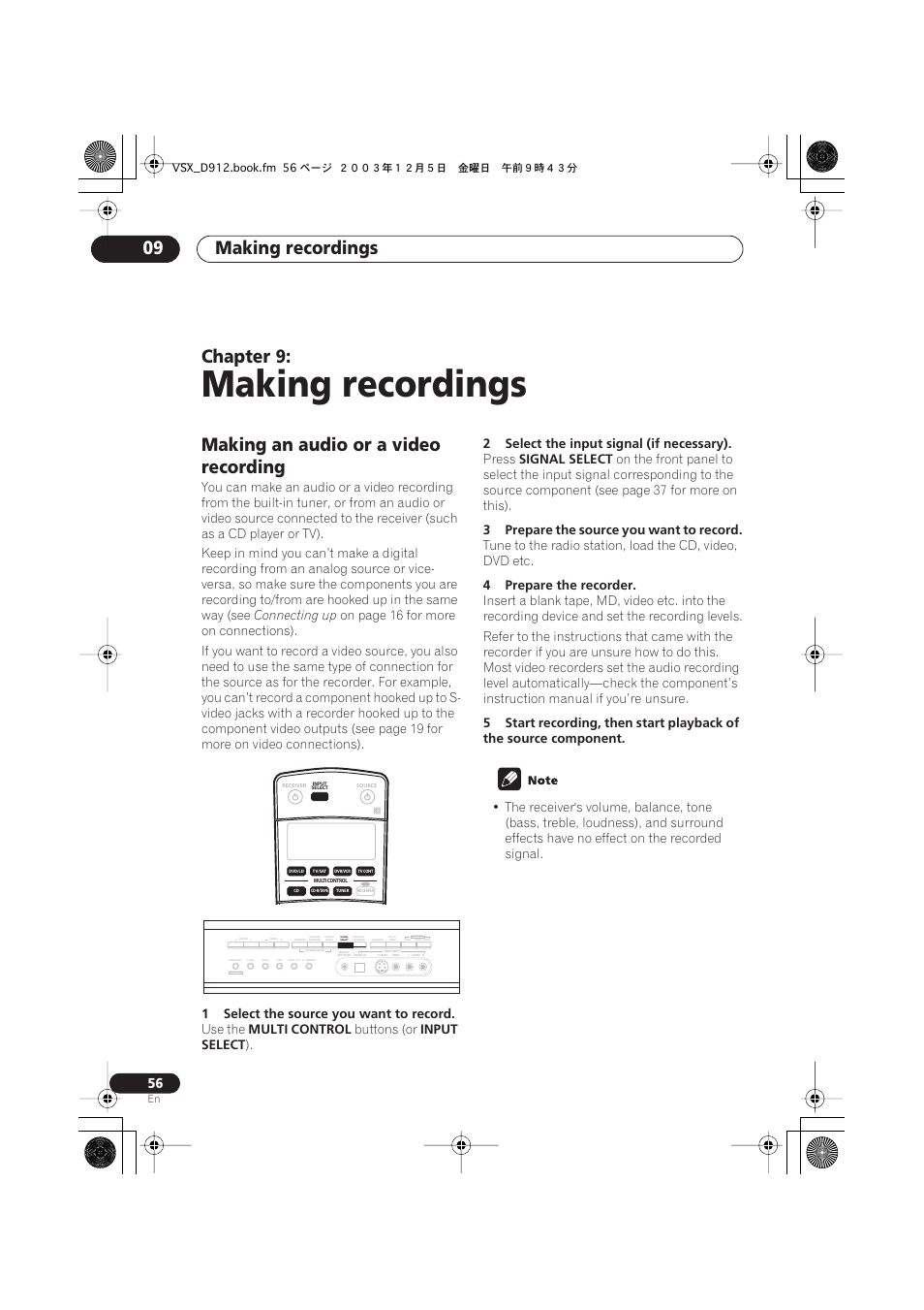 09 making recordings, Making an audio or a video recording, Making recordings | Making recordings 09, Chapter 9 | Pioneer VSX-D914 User Manual | Page 56 / 71