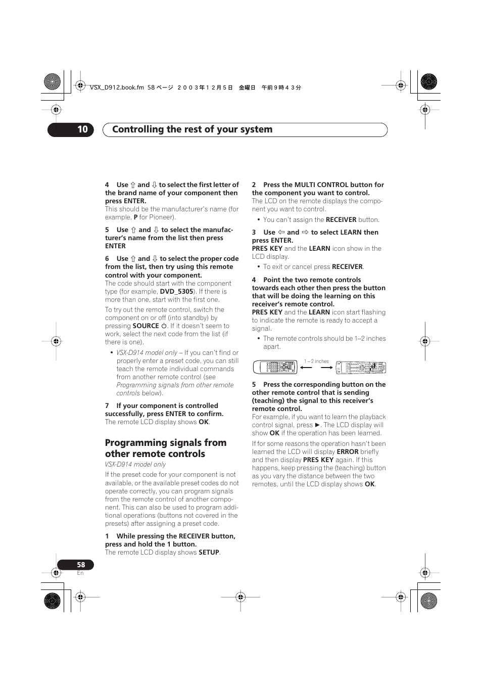 Programming signals from other remote controls, Controlling the rest of your system 10 | Pioneer VSX-D914 User Manual | Page 58 / 71