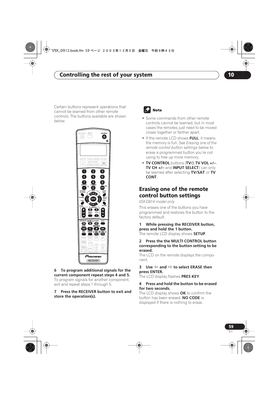 Erasing one of the remote control button settings, Controlling the rest of your system 10 | Pioneer VSX-D914 User Manual | Page 59 / 71