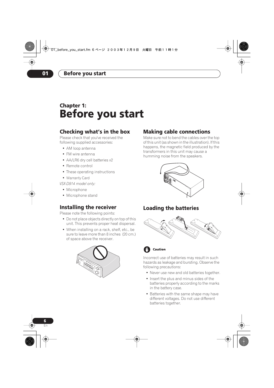 01 before you start, Before you start, Before you start 01 | Chapter 1, Checking what’s in the box, Installing the receiver, Making cable connections, Loading the batteries | Pioneer VSX-D914 User Manual | Page 6 / 71