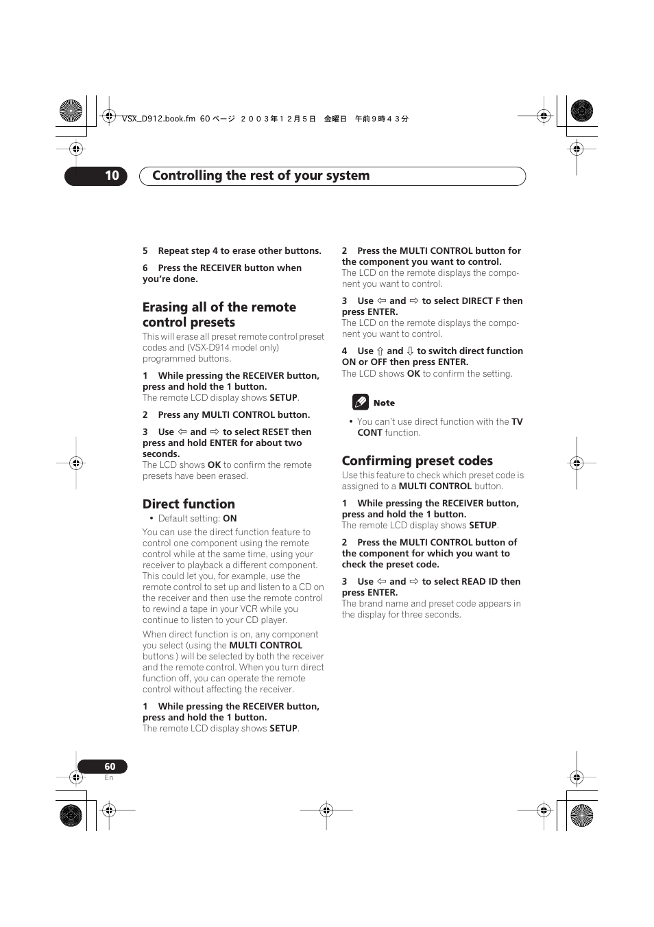 Controlling the rest of your system 10, Erasing all of the remote control presets, Direct function | Confirming preset codes | Pioneer VSX-D914 User Manual | Page 60 / 71