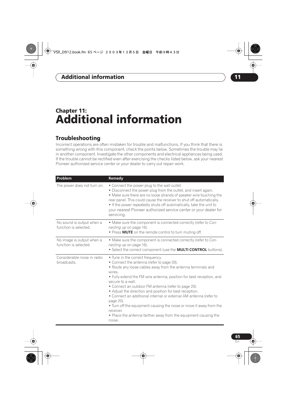 11 additional information, Troubleshooting, Additional information | Additional information 11, Chapter 11 | Pioneer VSX-D914 User Manual | Page 65 / 71