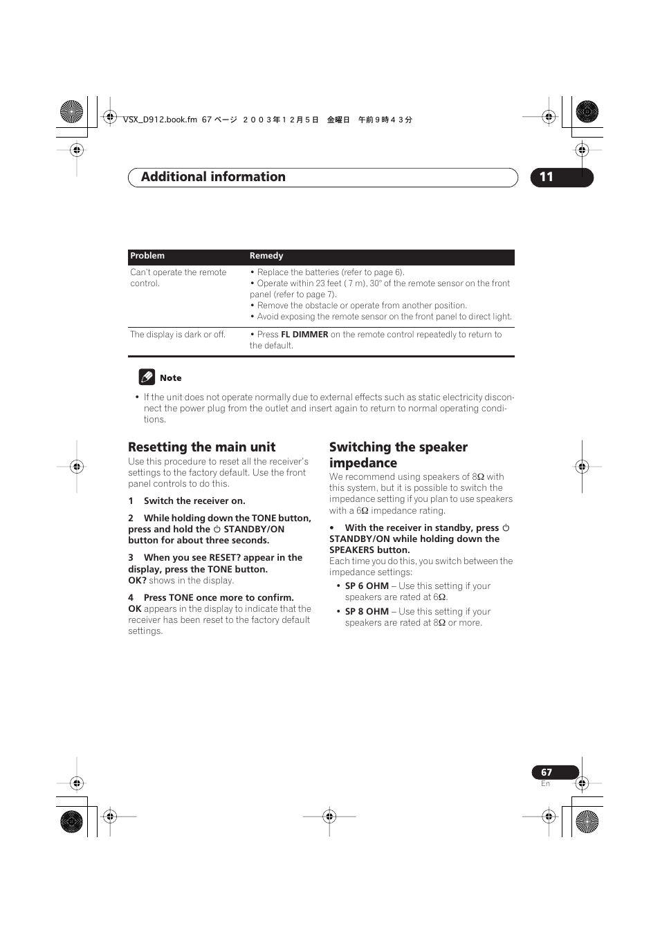 Additional information 11, Resetting the main unit, Switching the speaker impedance | Pioneer VSX-D914 User Manual | Page 67 / 71