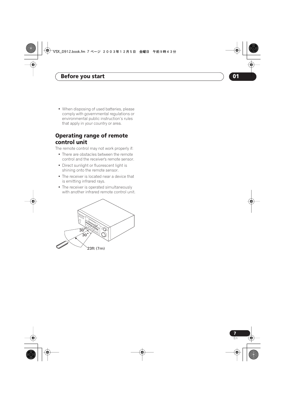 Operating range of remote control unit, Before you start 01 | Pioneer VSX-D914 User Manual | Page 7 / 71