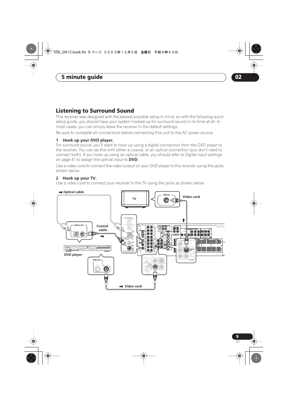 Listening to surround sound, 5 minute guide 02, 1hook up your dvd player | Digital input settings, On page 47 to assign the optical input to, 2hook up your tv, Optical cable dvd player, Coaxial cable video cord video cord, Vsx_d912.book.fm 9 ページ 2003年12月5日 金曜日 午前9時43分 | Pioneer VSX-D914 User Manual | Page 9 / 71