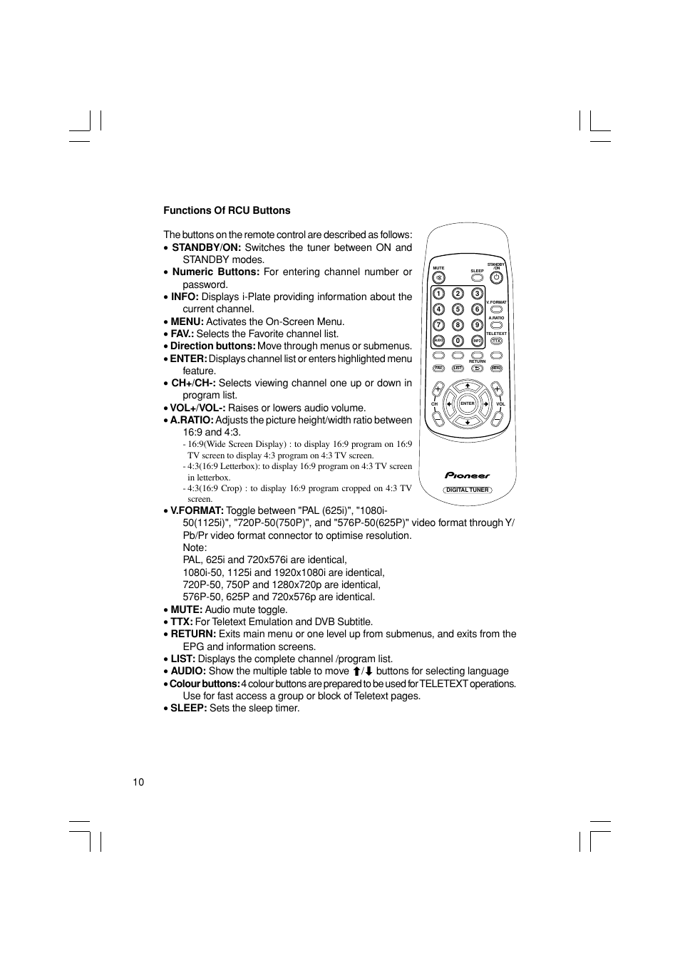 Functions of rcu buttons | Pioneer SH-DT510 User Manual | Page 10 / 38