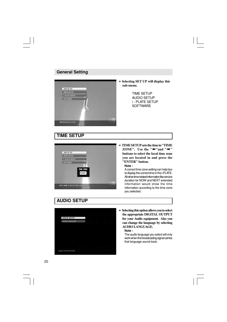 General setting, Time setup, Audio setup | Pioneer SH-DT510 User Manual | Page 20 / 38