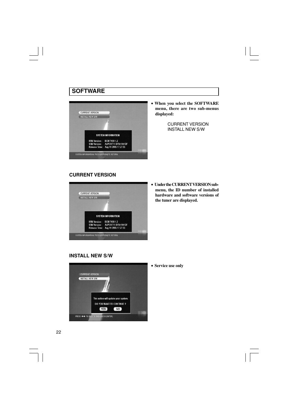 Software, Current version, Install new s/w | Pioneer SH-DT510 User Manual | Page 22 / 38