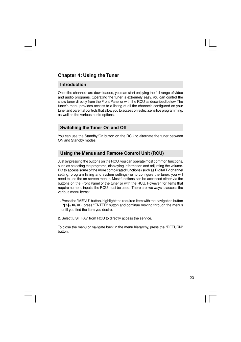 Chapter 4: using the tuner, Introduction, Switching the tuner on and off | Using the menus and remote control unit (rcu) | Pioneer SH-DT510 User Manual | Page 23 / 38
