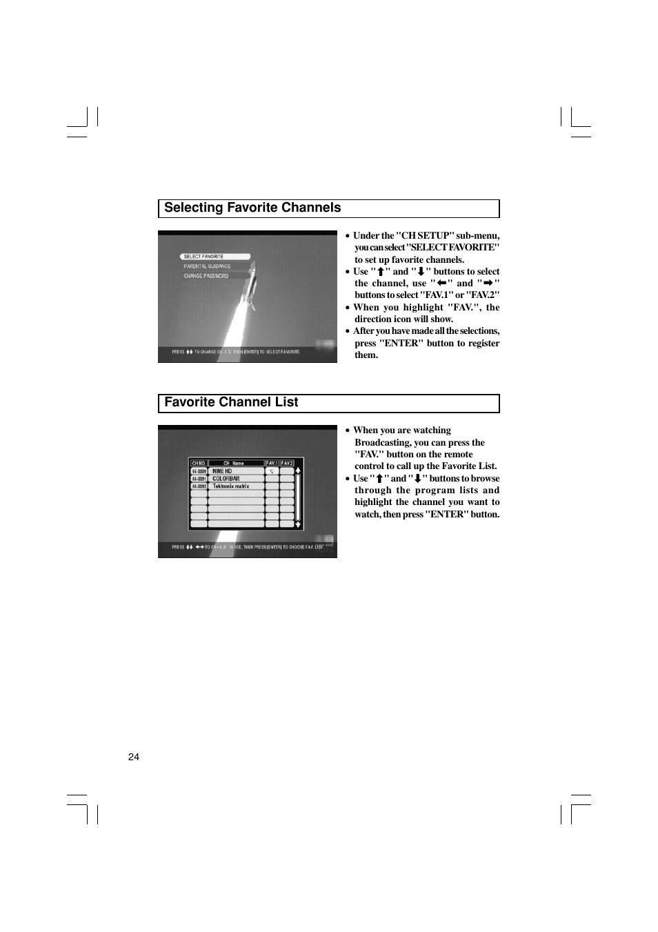 Selecting favorite channels, Favorite channel list | Pioneer SH-DT510 User Manual | Page 24 / 38