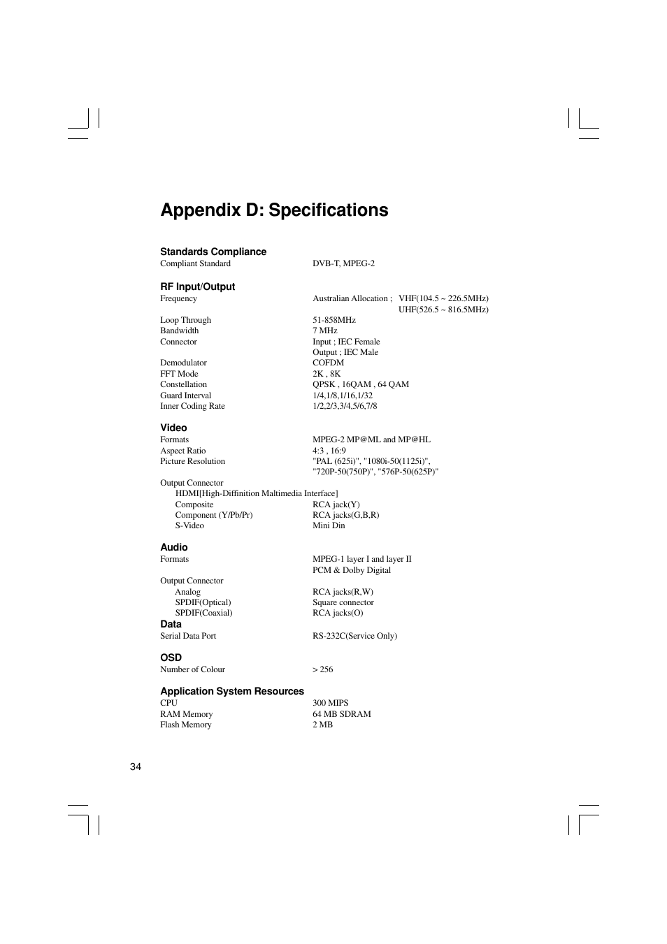 Appendix d: specifications | Pioneer SH-DT510 User Manual | Page 34 / 38
