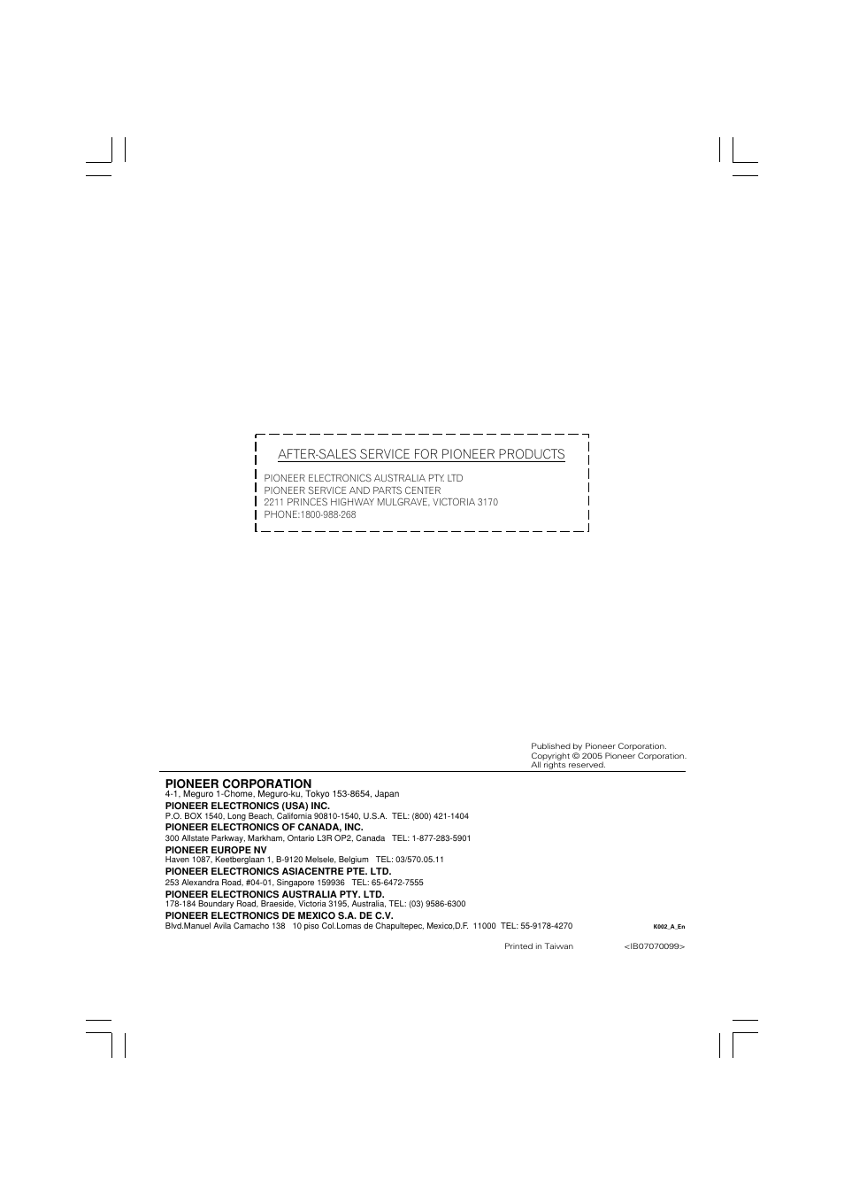 After-sales service for pioneer products | Pioneer SH-DT510 User Manual | Page 38 / 38