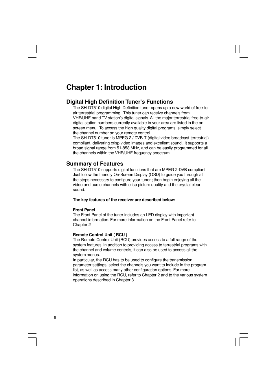 Chapter 1: introduction, Summary of features | Pioneer SH-DT510 User Manual | Page 6 / 38