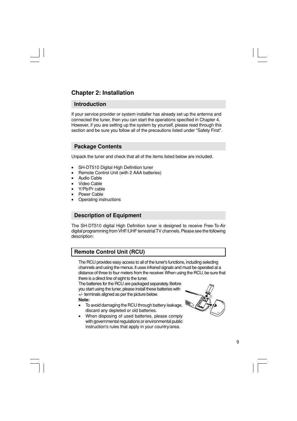 Chapter 2: installation, Introduction, Package contents | Description of equipment, Remote control unit (rcu) | Pioneer SH-DT510 User Manual | Page 9 / 38