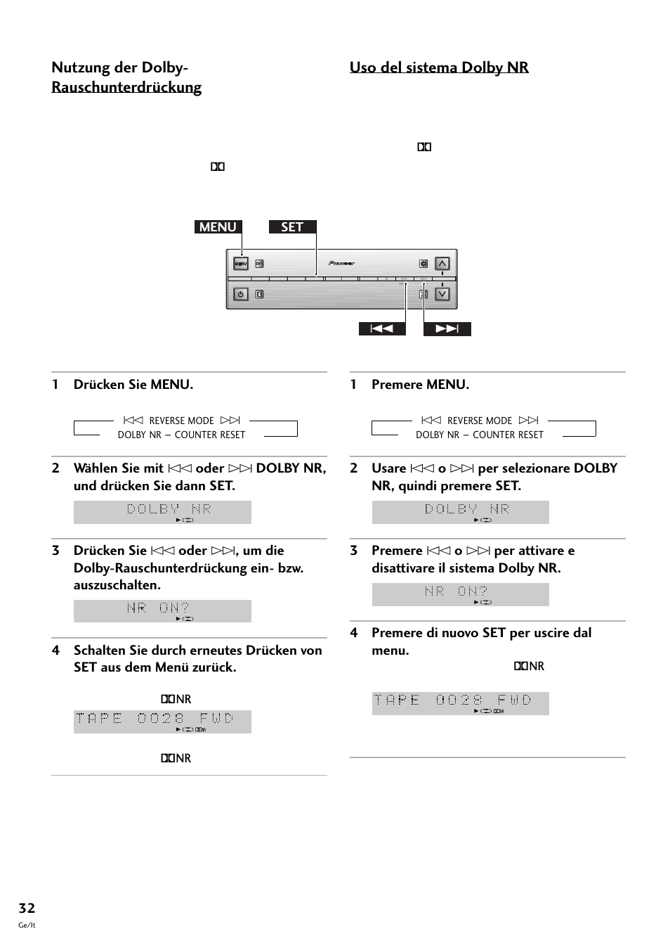 Nutzung der dolby- rauschunterdrückung, Uso del sistema dolby nr, 1 drücken sie menu | 1 premere menu, Menu set 4 | Pioneer S-L8-LRW User Manual | Page 102 / 142