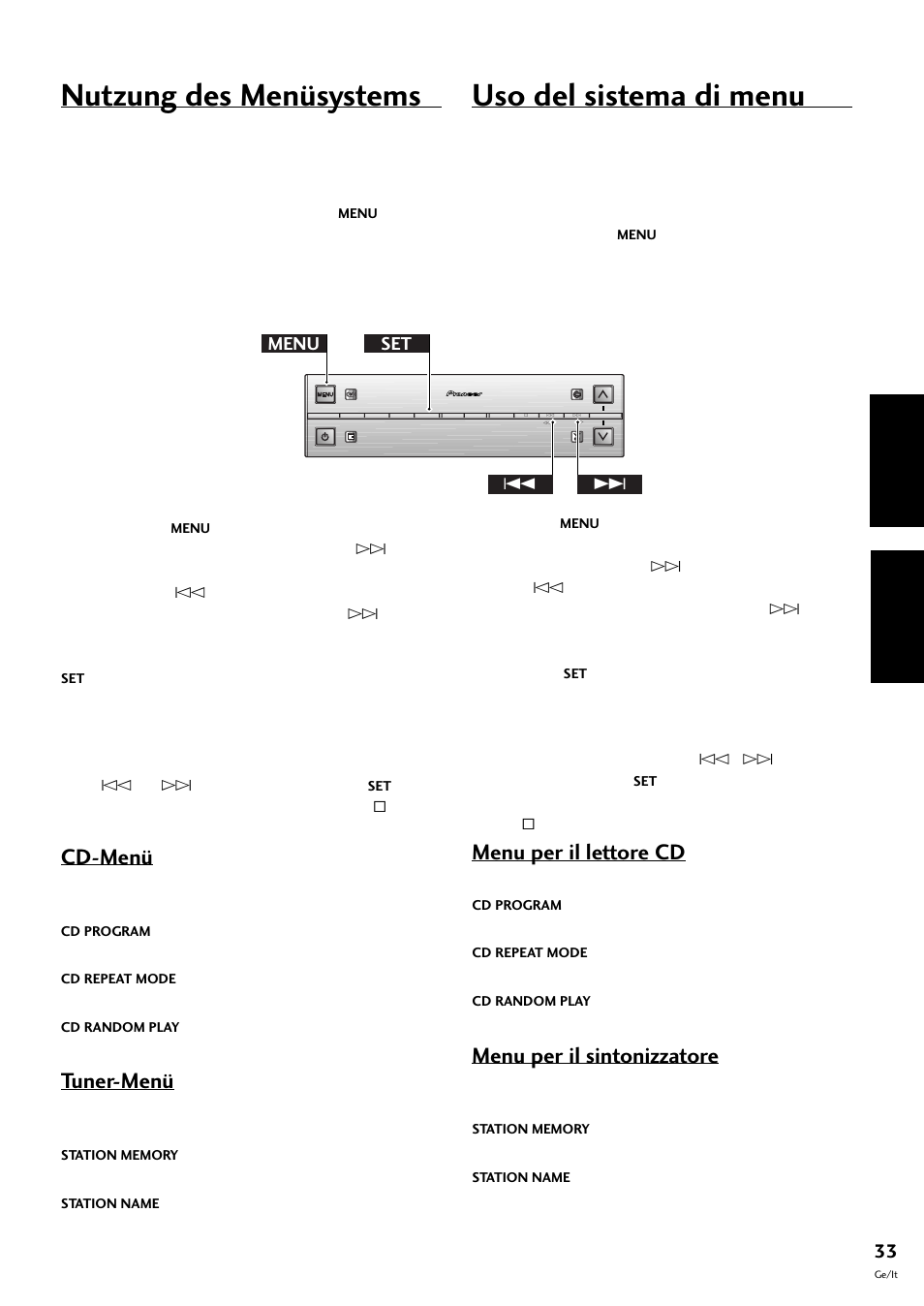 Nutzung des menüsystems, Uso del sistema di menu, Deutsch italiano | Cd-menü, Tuner-menü, Menu per il lettore cd, Menu per il sintonizzatore | Pioneer S-L8-LRW User Manual | Page 103 / 142