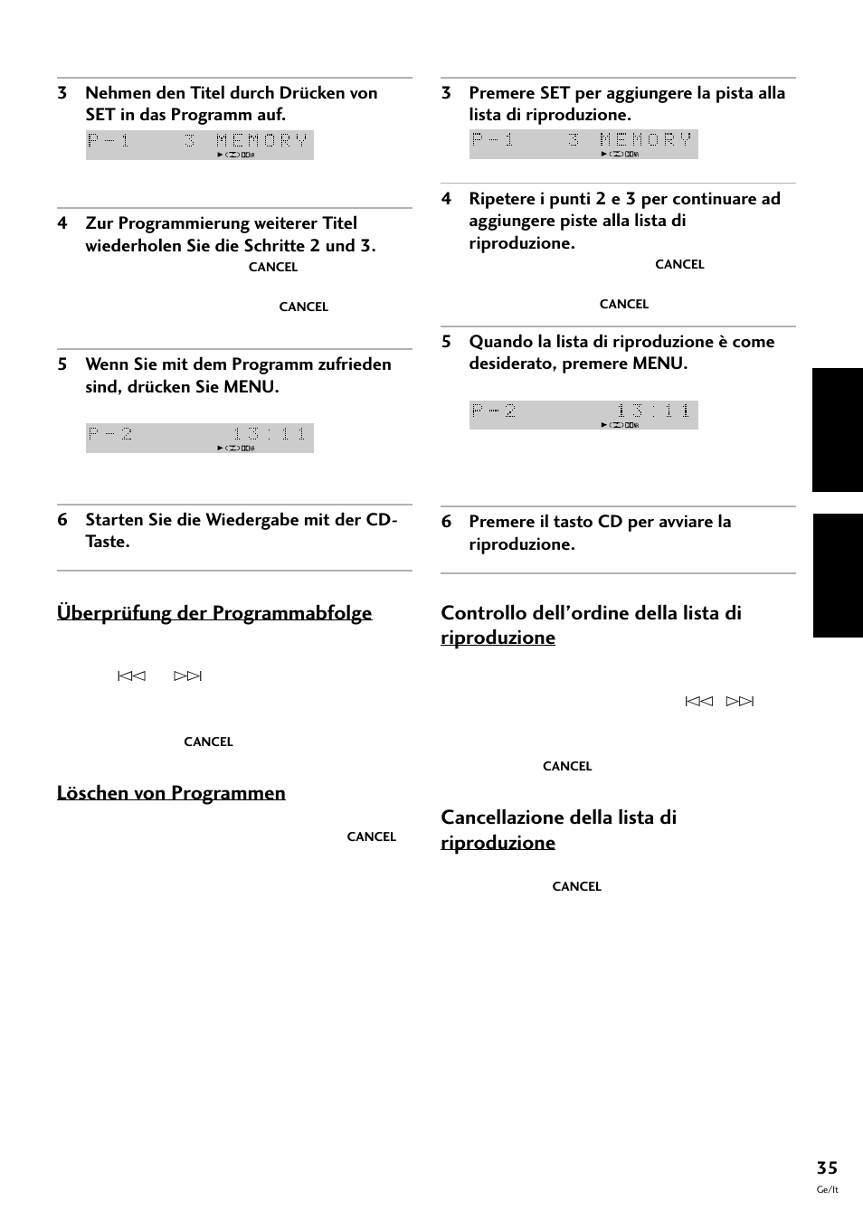 Deutsch italiano, Überprüfung der programmabfolge, Löschen von programmen | Controllo dell’ordine della lista di riproduzione, Cancellazione della lista di riproduzione | Pioneer S-L8-LRW User Manual | Page 105 / 142