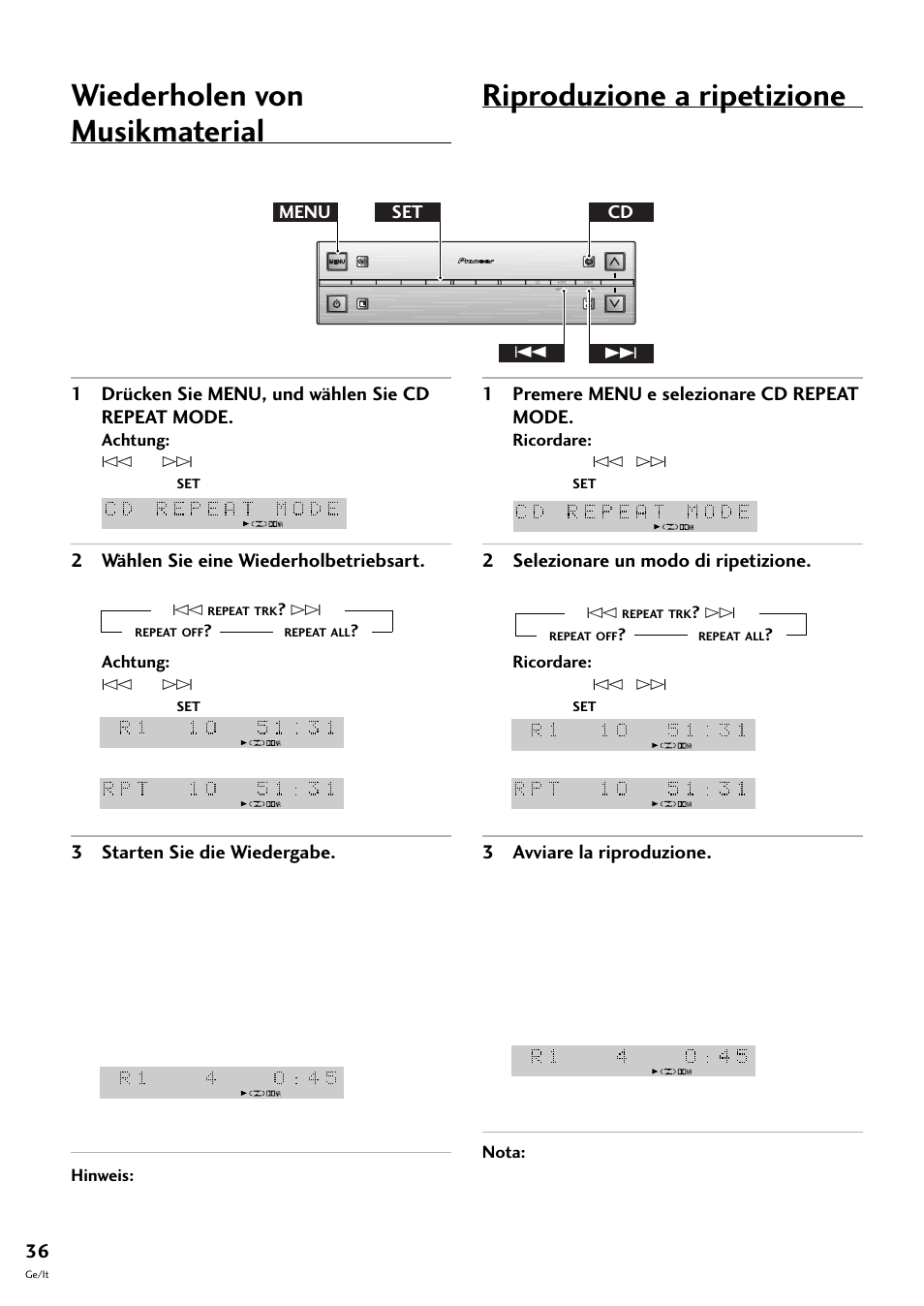 Wiederholen von musikmaterial, Riproduzione a ripetizione, 1 drücken sie menu, und wählen sie cd repeat mode | 2 wählen sie eine wiederholbetriebsart, 3 starten sie die wiedergabe, 1 premere menu e selezionare cd repeat mode, 2 selezionare un modo di ripetizione, 3 avviare la riproduzione, Menu cd set 4 | Pioneer S-L8-LRW User Manual | Page 106 / 142