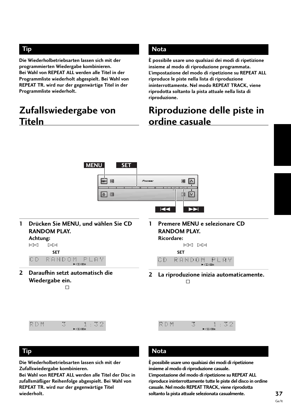 Zufallswiedergabe von titeln, Riproduzione delle piste in ordine casuale, Deutsch italiano | Nota, 1 drücken sie menu, und wählen sie cd random play, 2 daraufhin setzt automatisch die wiedergabe ein, 1 premere menu e selezionare cd random play, 2 la riproduzione inizia automaticamente, Menu set 4 | Pioneer S-L8-LRW User Manual | Page 107 / 142