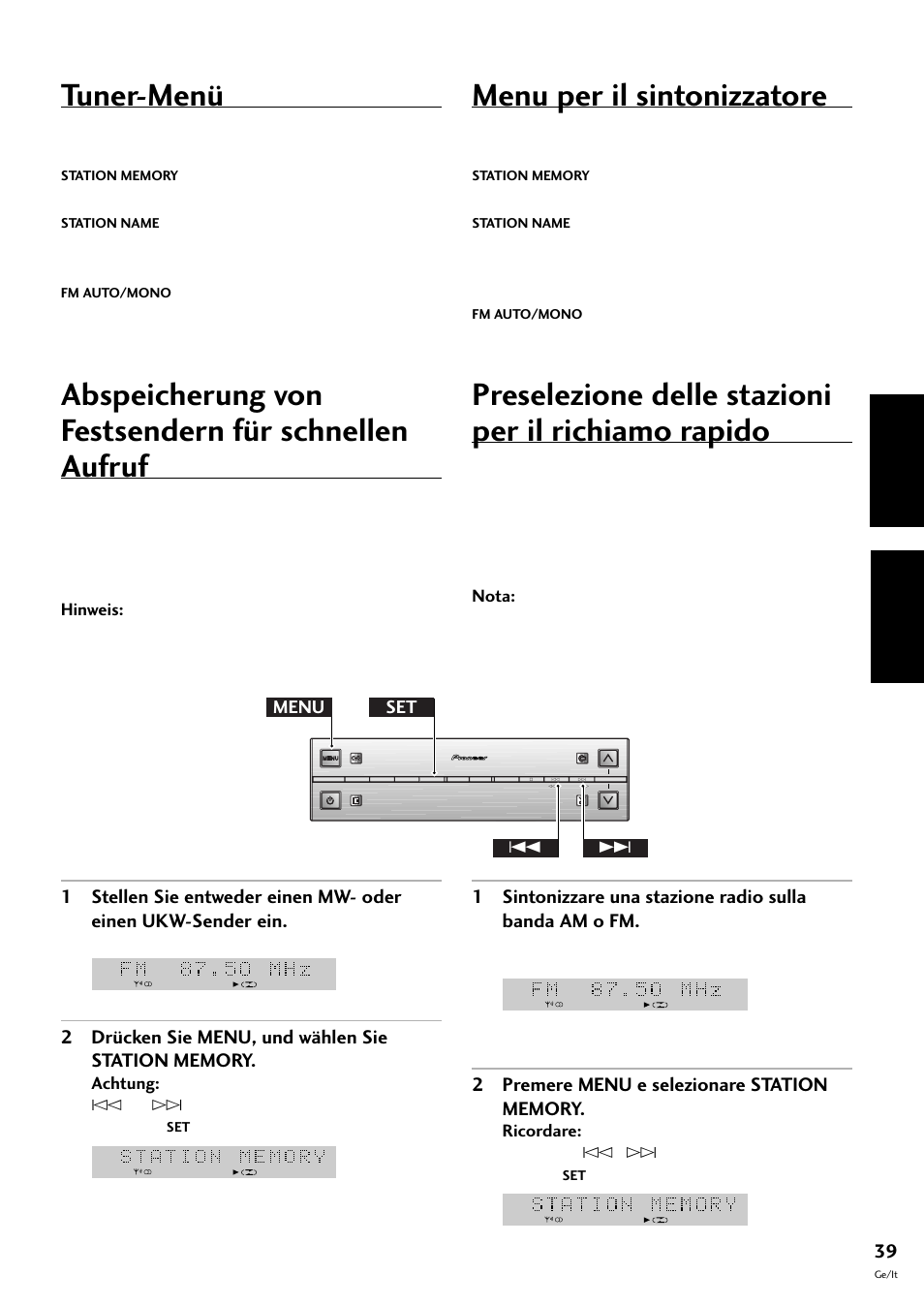 Abspeicherung von festsendern für schnellen aufruf, Tuner-menü, Preselezione delle stazioni per il richiamo rapido | Menu per il sintonizzatore, Deutsch italiano, Menu set 4 | Pioneer S-L8-LRW User Manual | Page 109 / 142
