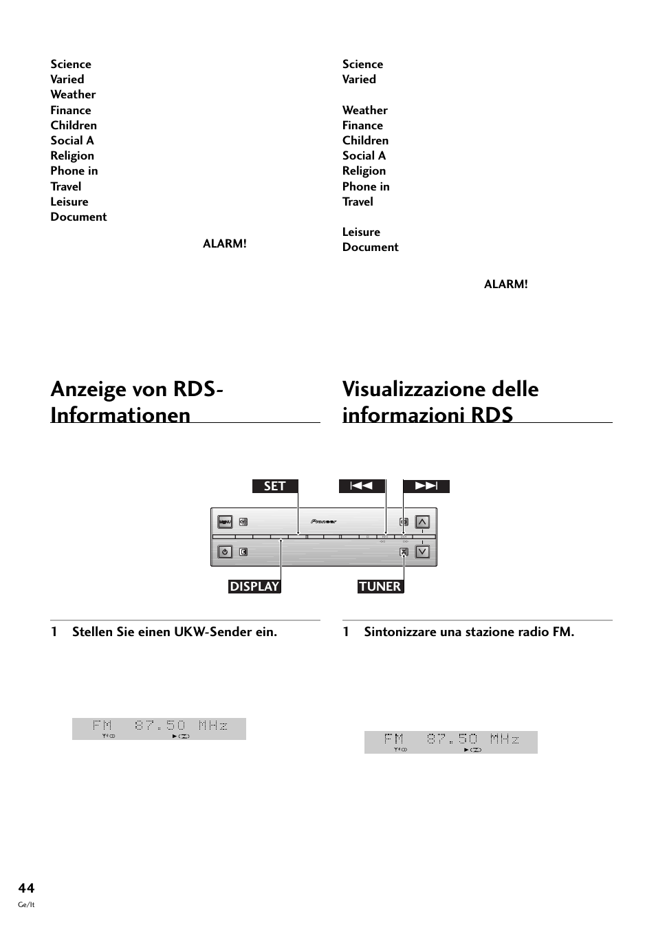 Anzeige von rds-informationen, Visualizzazione delle informazioni rds, Anzeige von rds- informationen | 1 stellen sie einen ukw-sender ein, 1 sintonizzare una stazione radio fm, Set tuner display 4 | Pioneer S-L8-LRW User Manual | Page 114 / 142