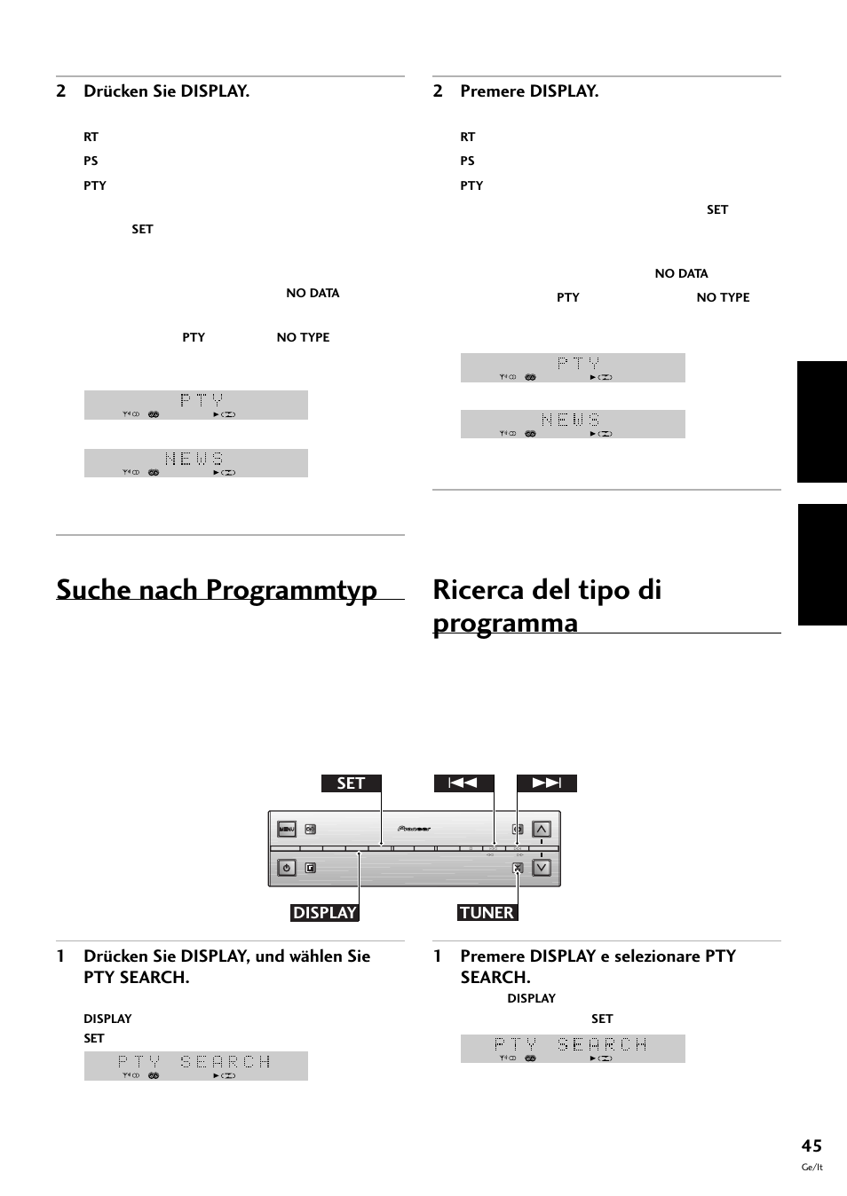 Suche nach programmtyp, Ricerca del tipo di programma, Deutsch italiano | 1 drücken sie display, und wählen sie pty search, 2 drücken sie display, 1 premere display e selezionare pty search, 2 premere display, Set tuner display 4 | Pioneer S-L8-LRW User Manual | Page 115 / 142